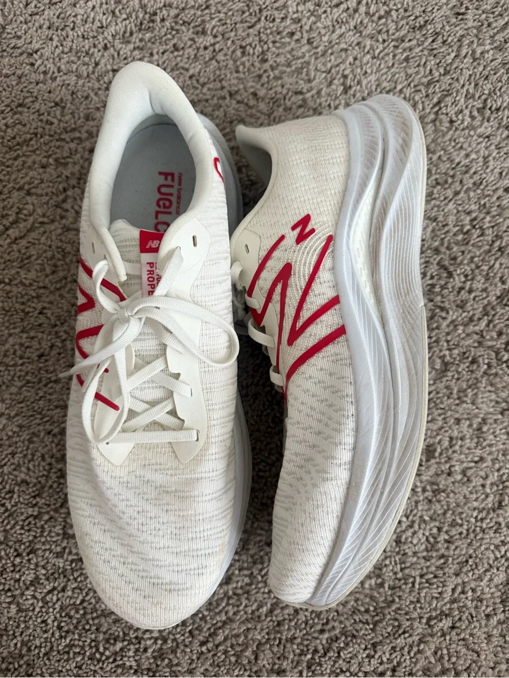 New Balance Men’s White Running Shoes with Red Accents